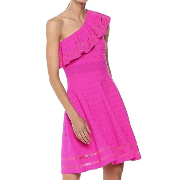Ted Baker 8 NEW Streena Knit Skater Dress One Shoulder Hot Pink Barbie - Picture 1 of 12